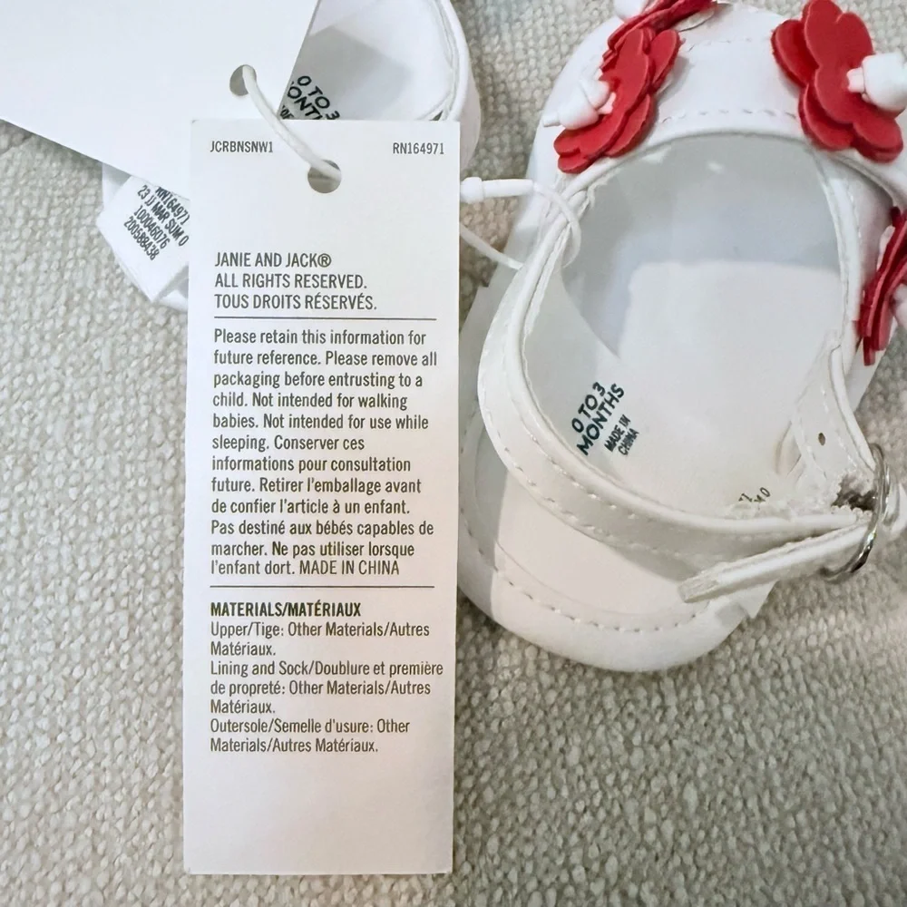 NWT Janie and Jack white/ red infant sandals size 0-3 months